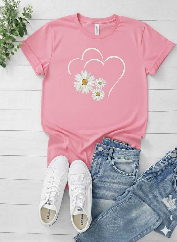 Cute Flower & Heart Printed T-Shirt For Women's
